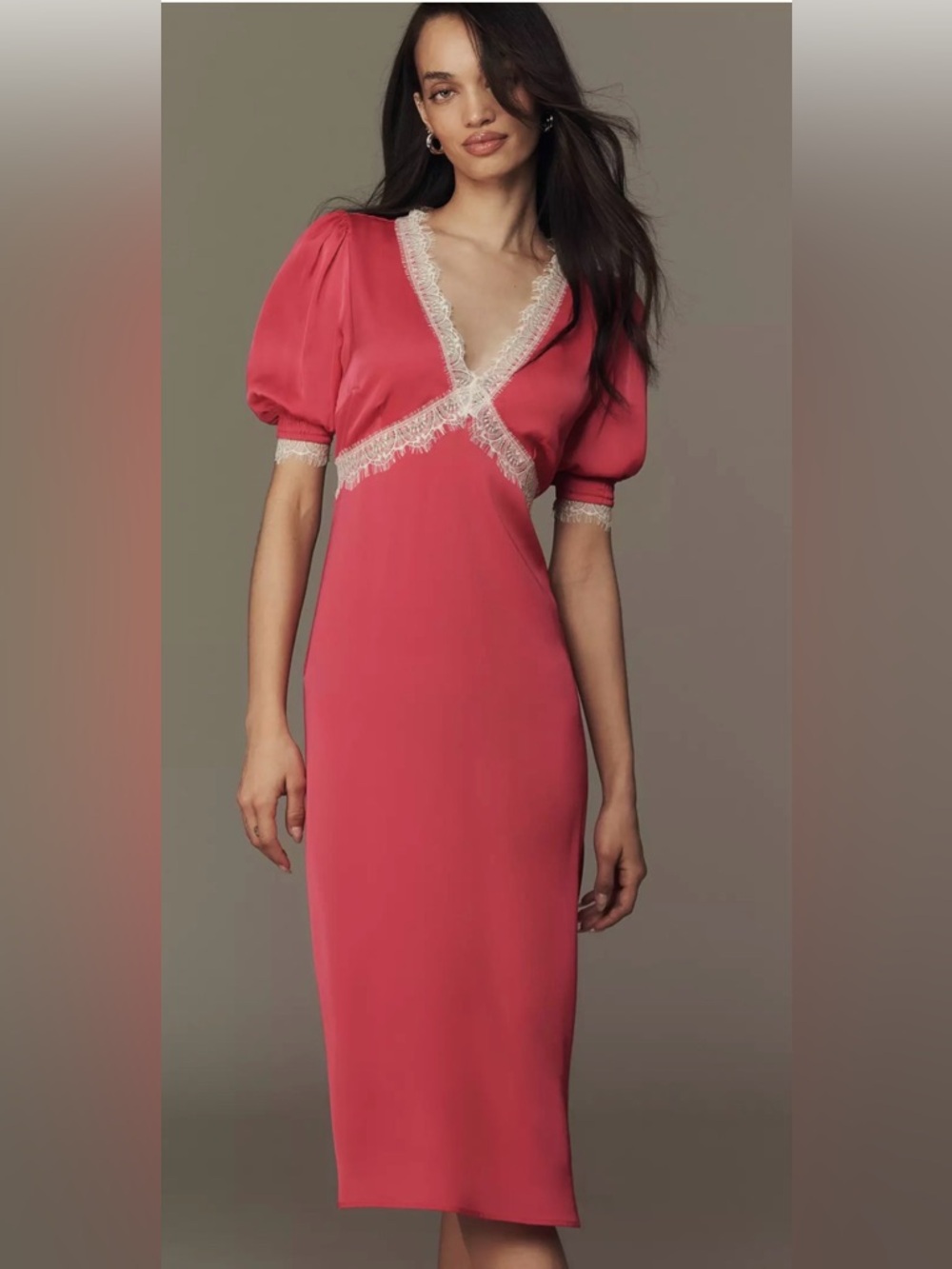 NWT - BY ANTHROPOLOGIE V-NECK LACE TRIM MIDI DRESS